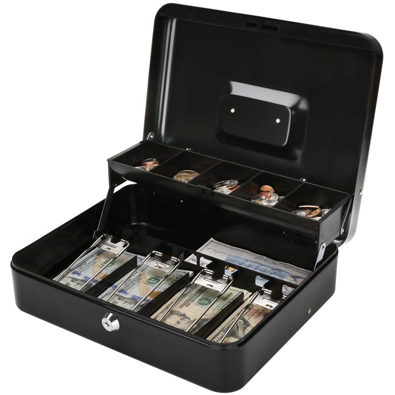 Jssmst Large Cash Box with Money Tray and Lock - Safe Box for Cash Saving Key Lock Money Organizer Box, 11.8L x 9.5W x 3.5H Inches, Black, SM-CB0501L, XLarge - Image 1
